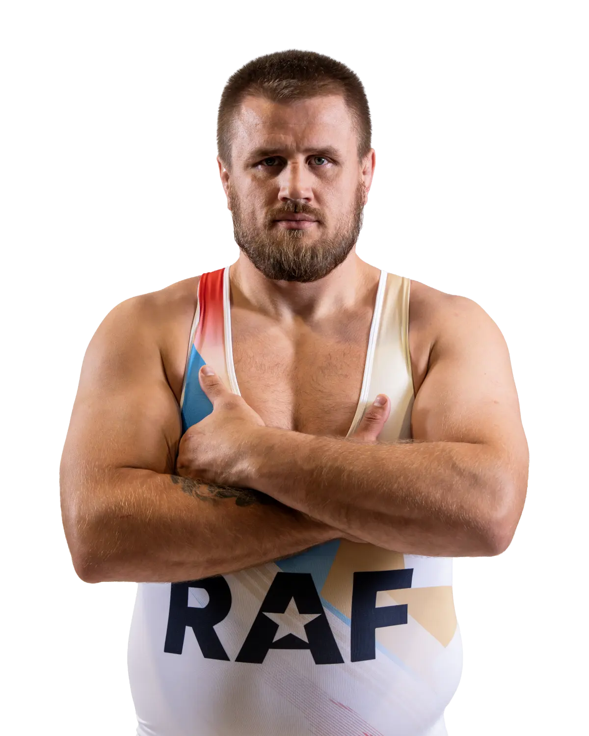 Upper-body portrait of Alexandr Romanov, RAF athlete.