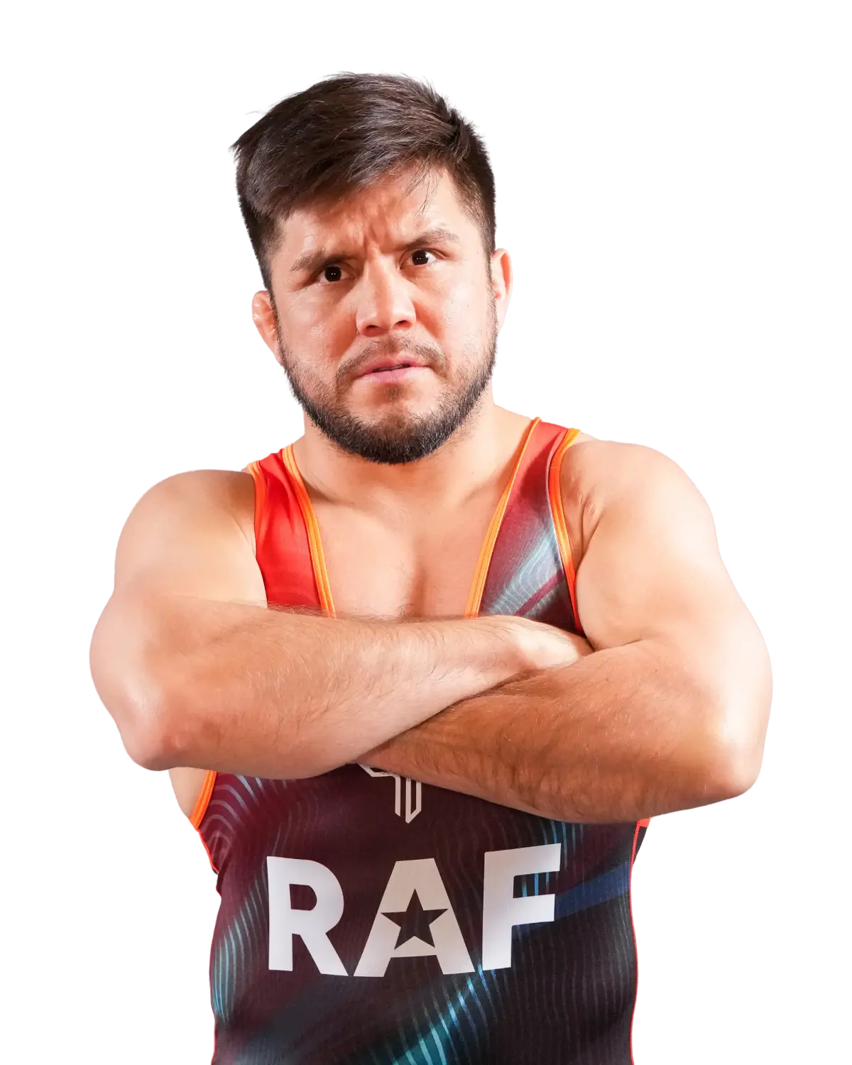 Upper-body portrait of Henry Cejudo, RAF athlete.