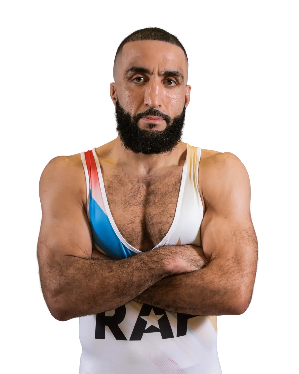 Upper-body portrait of Belal Muhammad, RAF athlete.