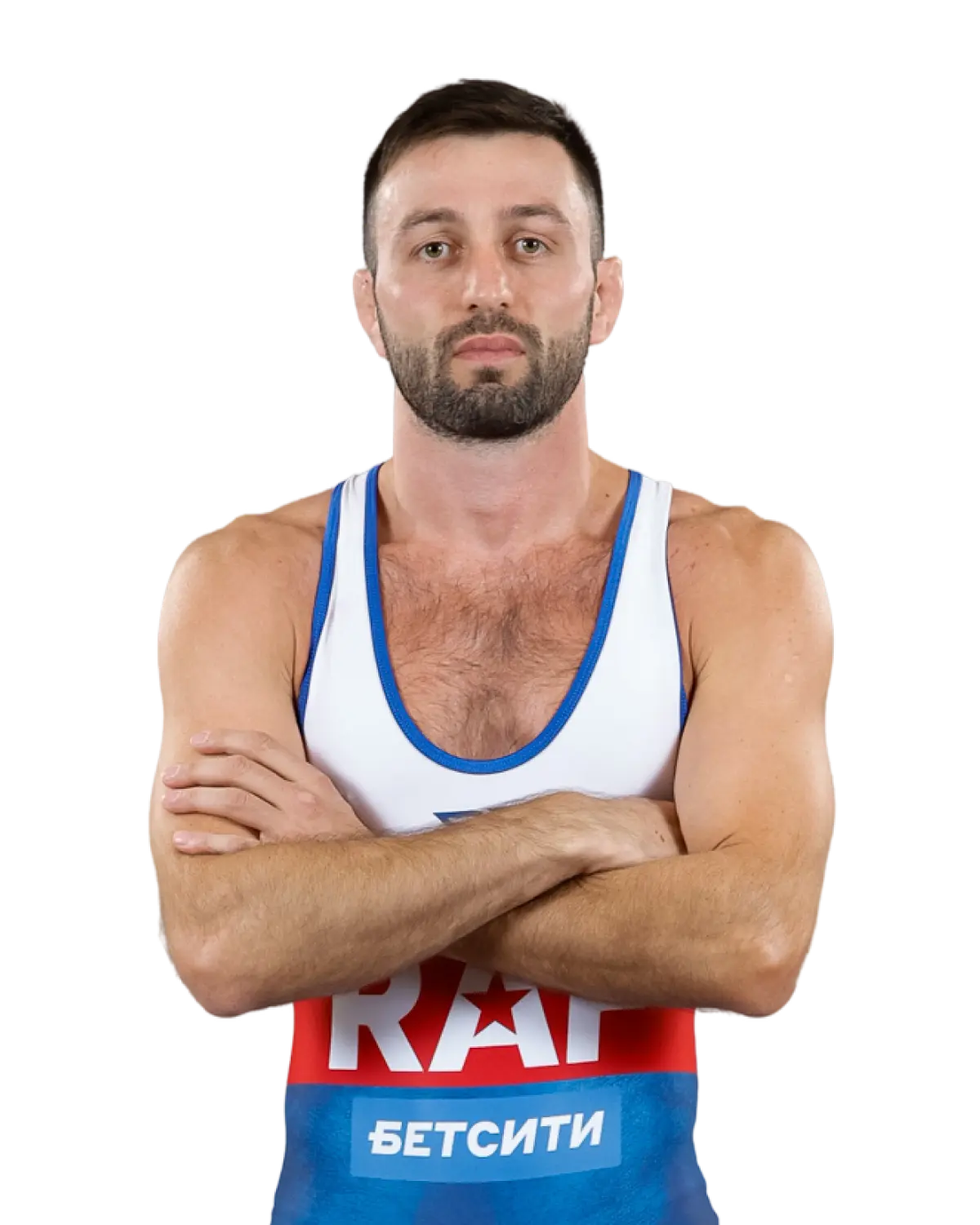 Upper-body portrait of Soslan Ramonov, RAF athlete.
