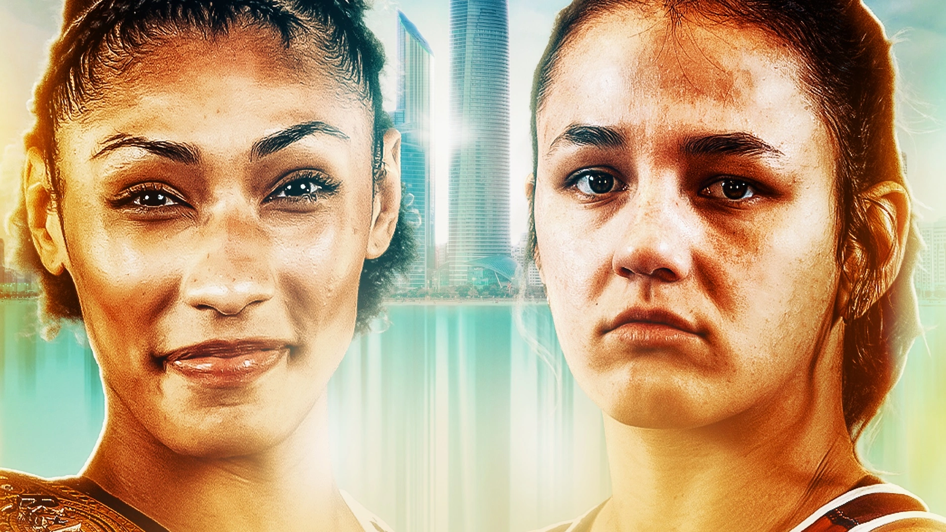 Promotional graphic for the RAF Abu Dhabi middleweight title matchup between Kennedy Blades and Bella Mir.