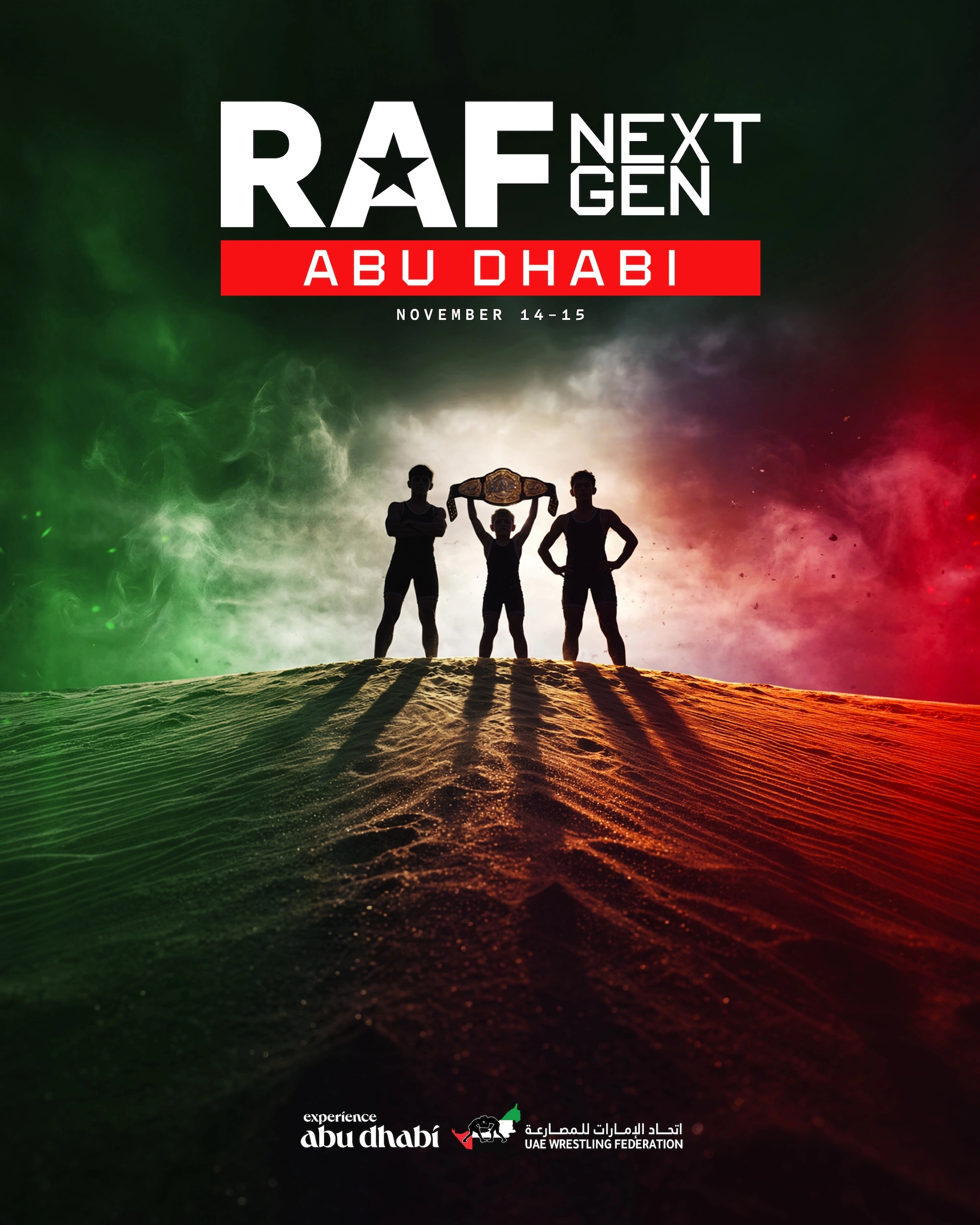Poster for RAF Next Gen Abu Dhabi wrestling event on November 14-15 showing three silhouetted wrestlers standing on a sand dune with the middle wrestler holding a championship belt overhead, with a colorful background blending green, white, and red smoke.
