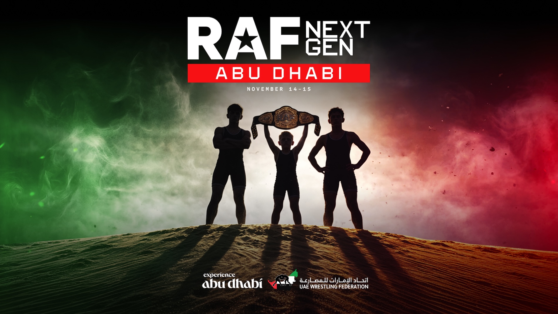 Silhouettes of three wrestlers standing on sand dunes with a colorful smoky background in green, white, and red, representing Abu Dhabi and UAE Wrestling Federation, promoting the RAF Next Gen wrestling event on November 14-15.