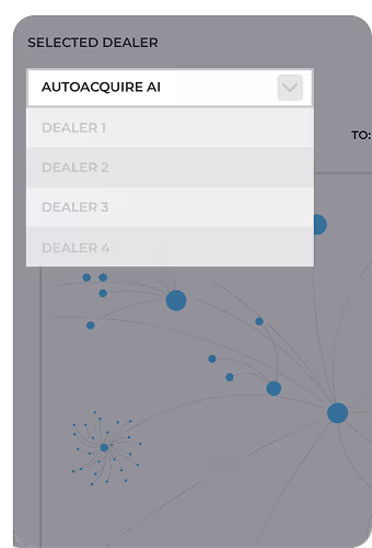 Dropdown menu labeled 'SELECTED DEALER' showing 'AUTOACQUIRE AI' selected with inactive options for Dealer 1, Dealer 2, Dealer 3, and Dealer 4.