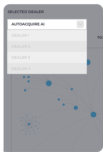 Dropdown menu labeled 'SELECTED DEALER' showing 'AUTOACQUIRE AI' selected with inactive options for Dealer 1, Dealer 2, Dealer 3, and Dealer 4.