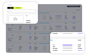 User interface showing a prospects tab with search function and a list of leads displaying vehicle icons, regions, and contact details in a table format.