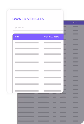 User interface panel titled Owned Vehicles with a search box and a table listing VIN and vehicle type columns.