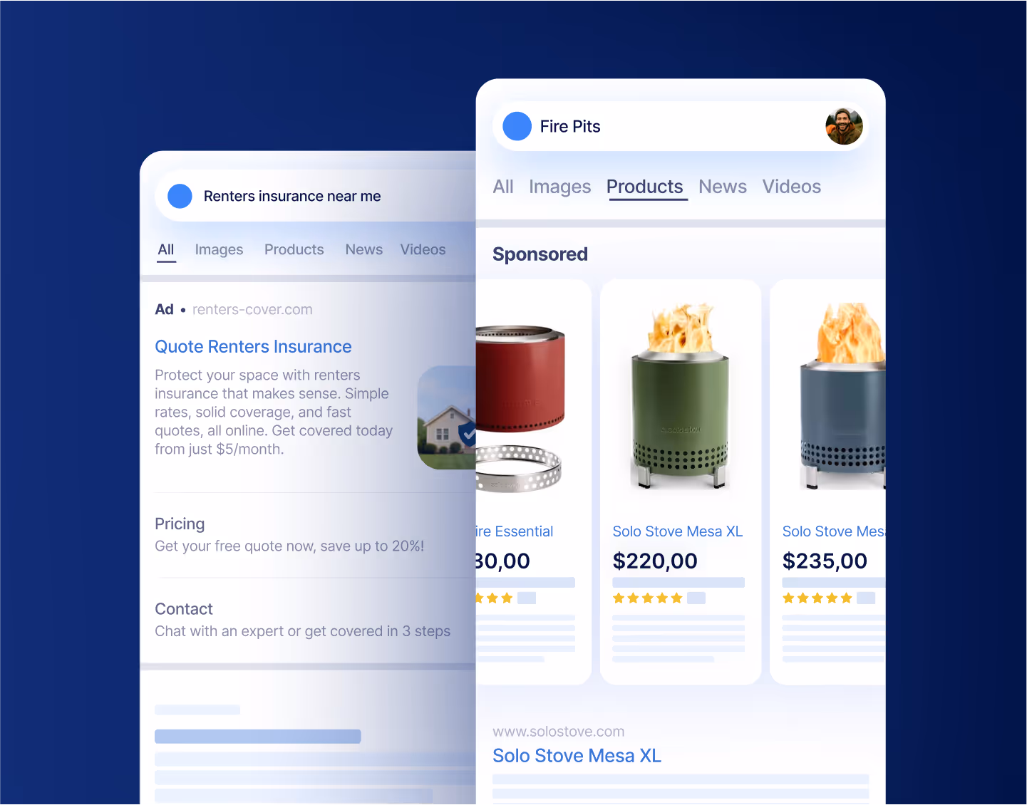 Illustration of Google search results showing a sponsored text ad and sponsored product listings