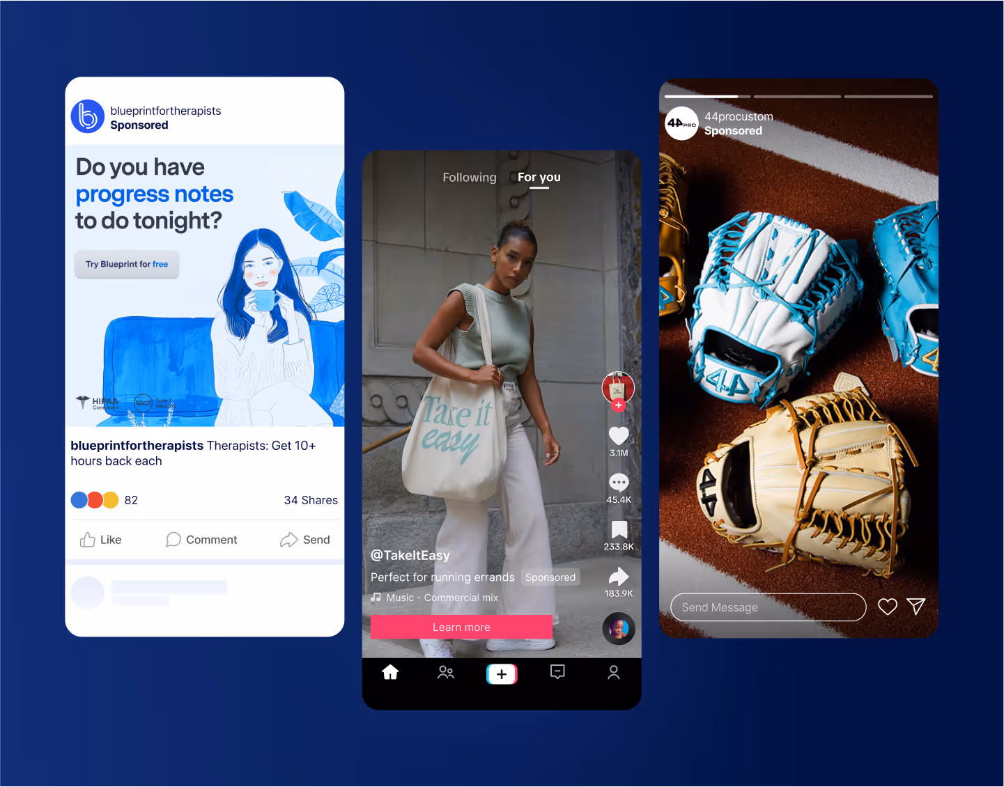 Illustration of three sponsored social media ads in feed and vertical video formats
