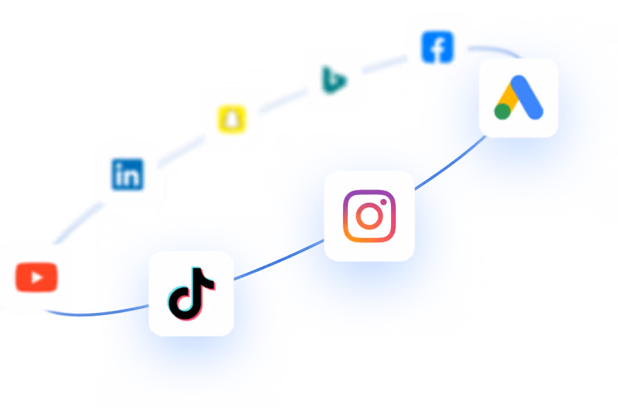 Ring of advertising platform logos including Google Ads, Instagram, TikTok, Facebook, Bing, Snapchat, LinkedIn, and YouTube
