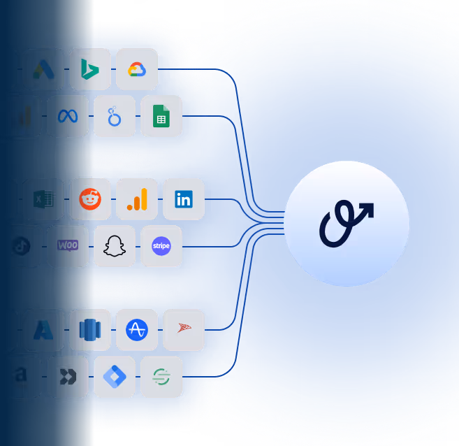 Illustration of advertising, analytics, ecommerce platforms, payment, and spreadsheet tools connecting into one central data hub