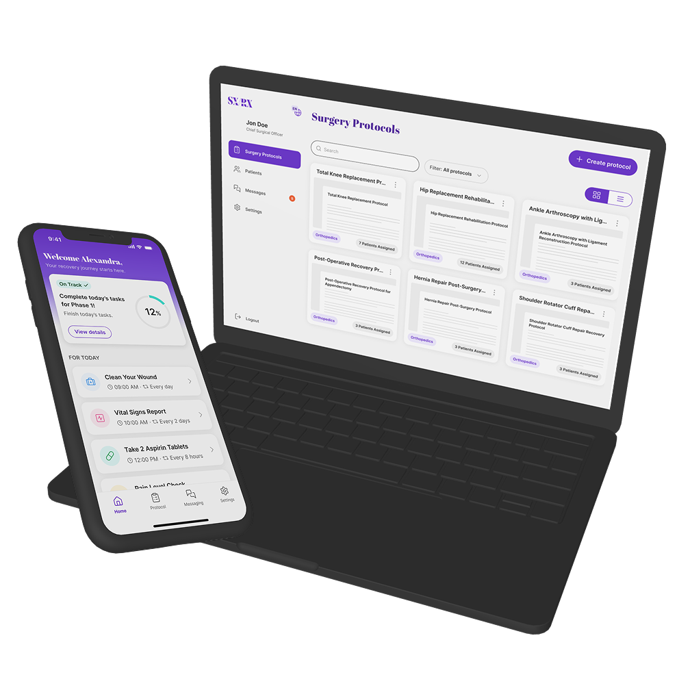 HIPAA-compliant UX and UI design by Irazu Studio for SXRX, connecting surgeons and patients through synchronized web and mobile experiences.
