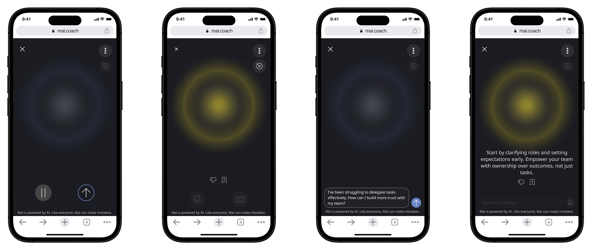 Mobile interface showcasing a dark-themed AI assistant with multiple visual interaction modes—voice-to-text, voice-to-voice, and text-to-voice—each represented by a pulsing visual ring as the AI listens, responds, and processes user input.
