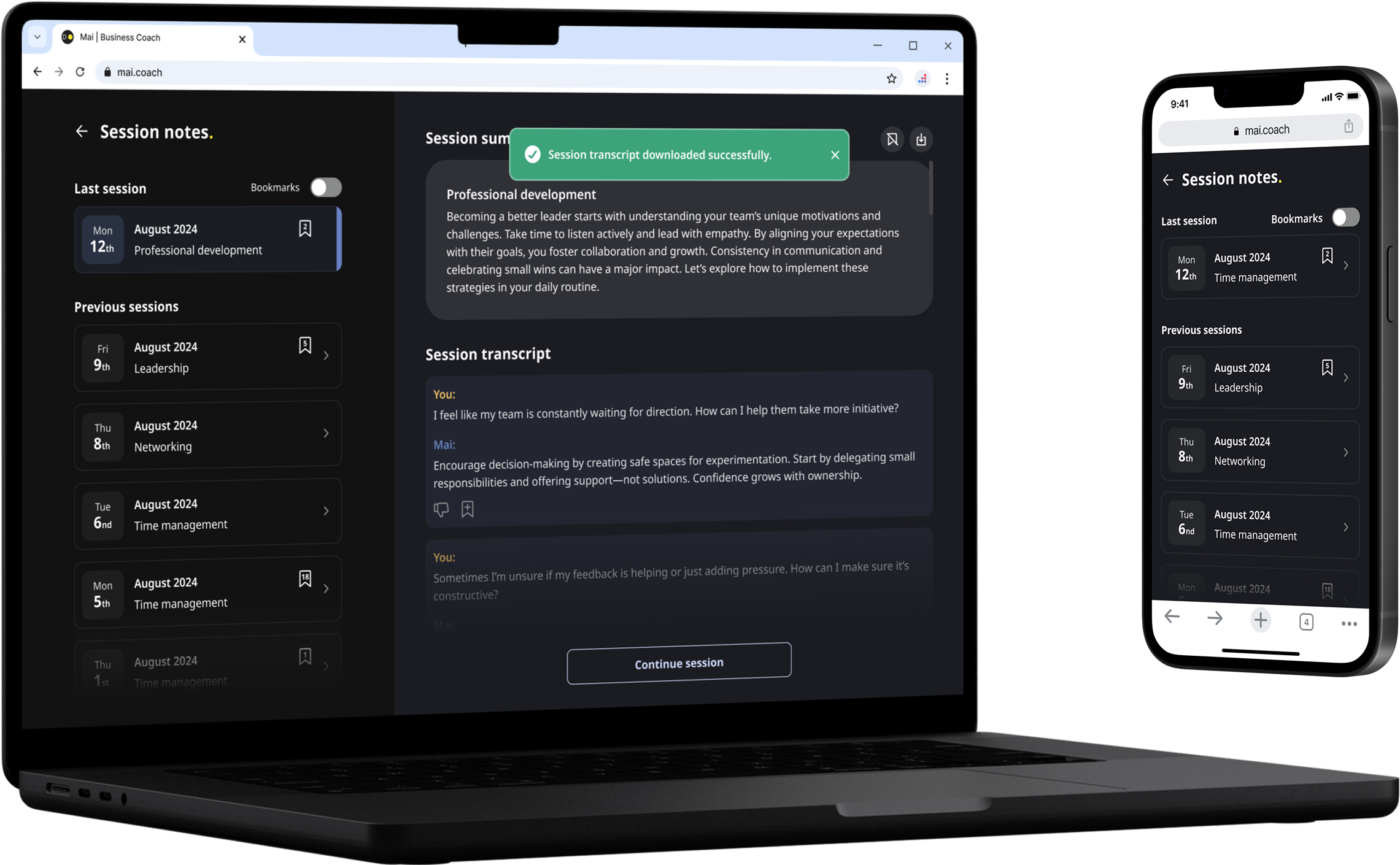 Desktop and mobile screens displaying a session transcript feature with coaching conversation history, summaries, and bookmarks. Showcases the platform’s responsive design and readiness for long-term scalability across devices.