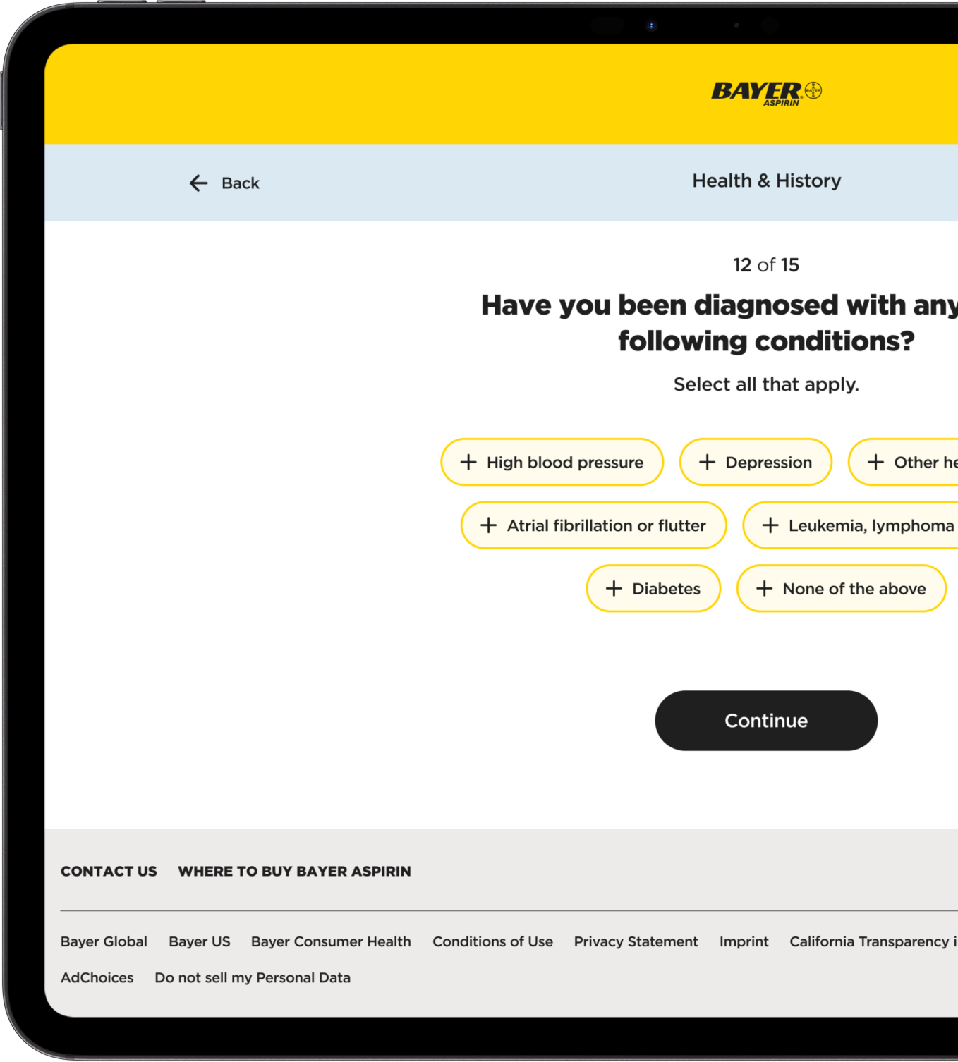 Tablet interface of Bayer Heart Health Assessment showing condition selection step designed by Irazu Studio.
