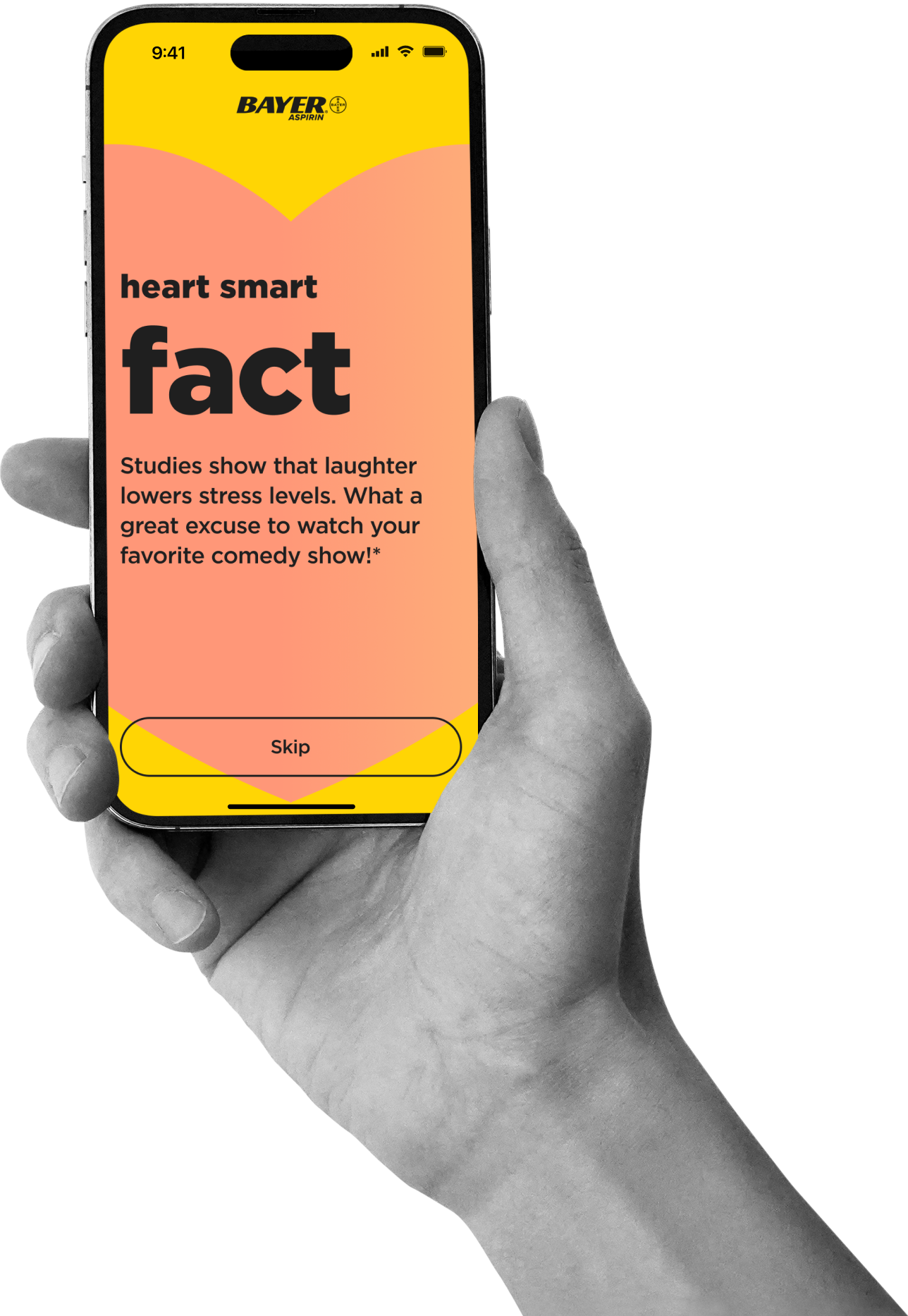 Hand holding mobile phone showing Bayer Heart Health Assessment’s heart-smart fact screen encouraging healthy habits, designed by Irazu Studio.
