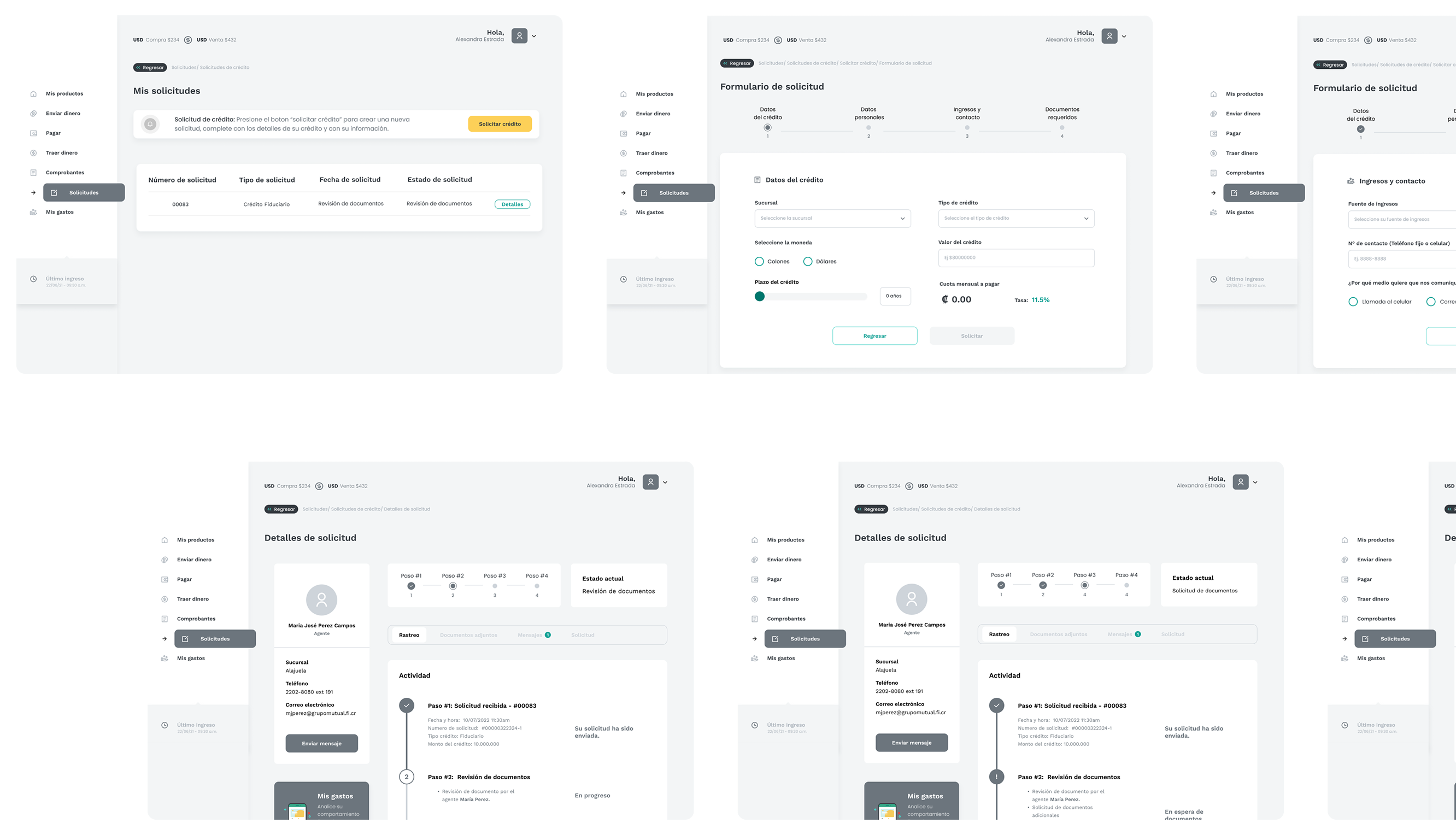 Dashboard views of Grupo Mutual’s credit request platform redesigned by Irazu Studio, showing step tracking, form flow, and user communication screens.