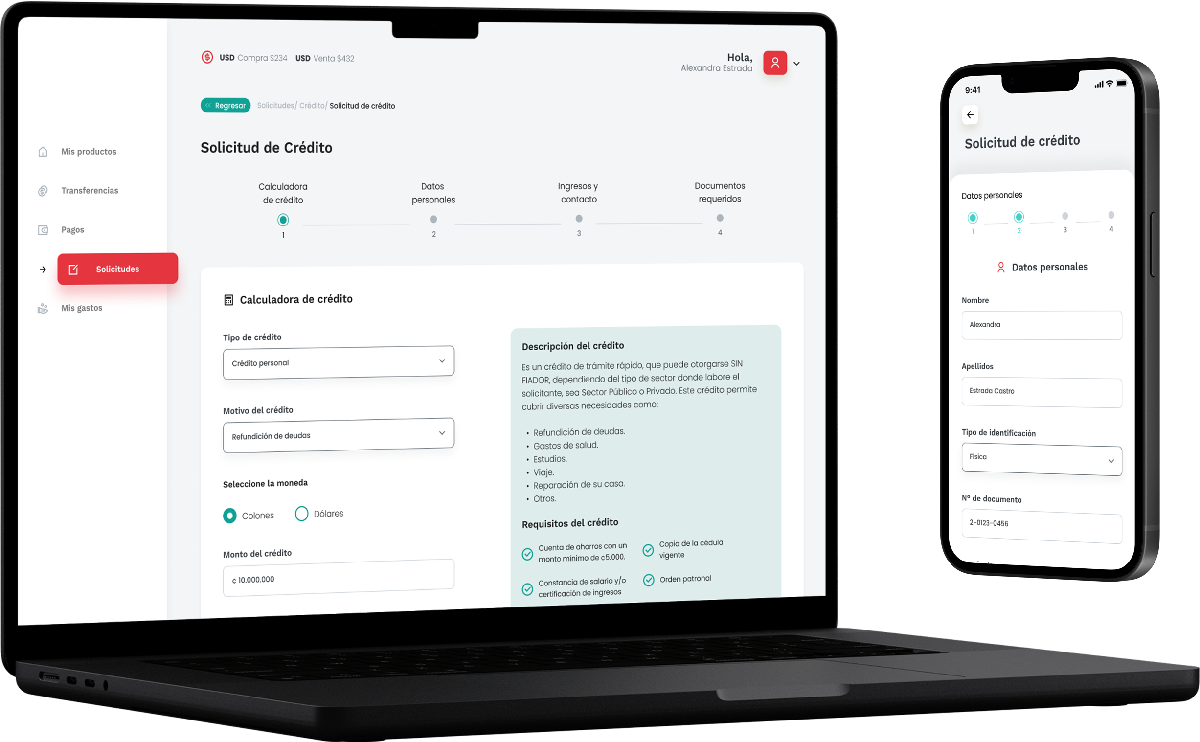 Laptop and mobile phone displaying Grupo Mutual credit request form interface created by Irazu Studio for desktop and mobile users.