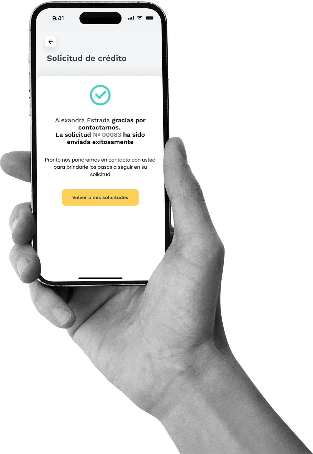 Hand holding a mobile phone displaying Grupo Mutual credit request confirmation screen designed by Irazu Studio.