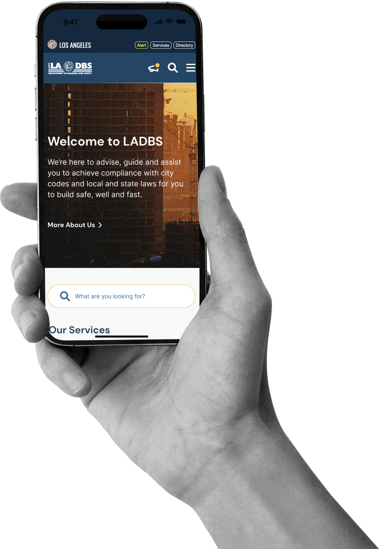 bile version of the redesigned LADBS homepage displayed on a phone, showing improved navigation and service search designed by Irazu Studio.
