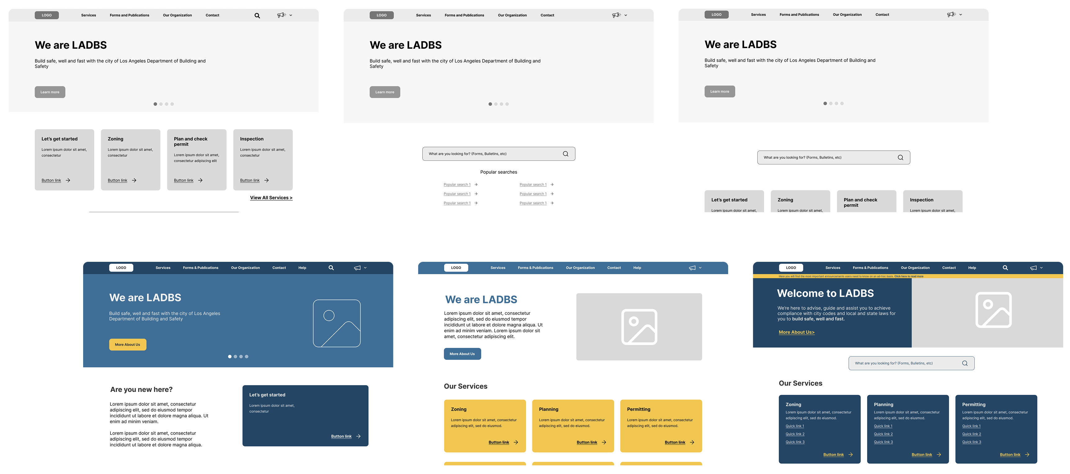 Different LADBS homepage design variations explored by Irazu Studio based on analytics insights to evaluate layout performance and user engagement.
