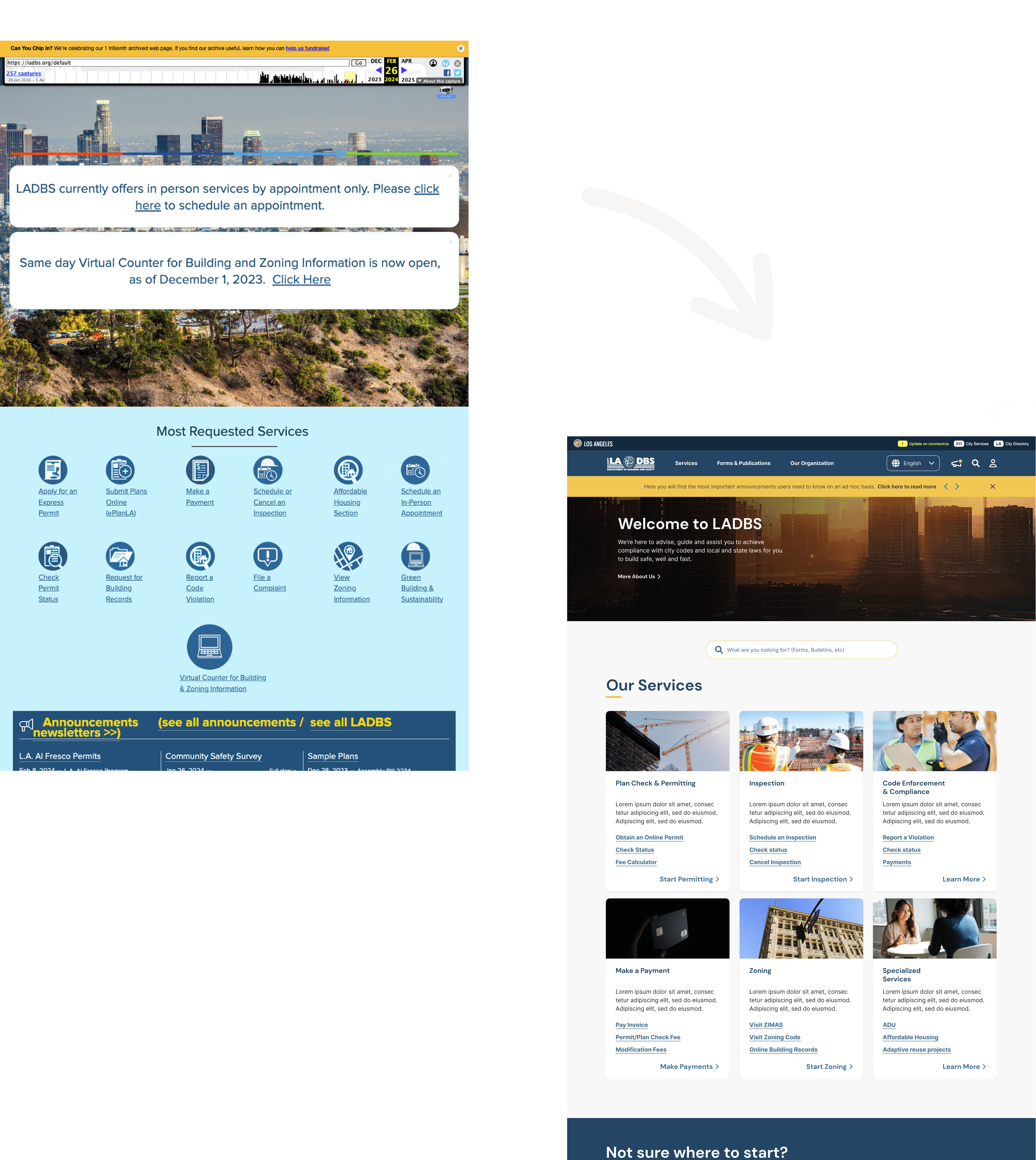 Before-and-after comparison of the LADBS website redesign showing the previous interface beside the new modernized homepage designed by Irazu Studio.