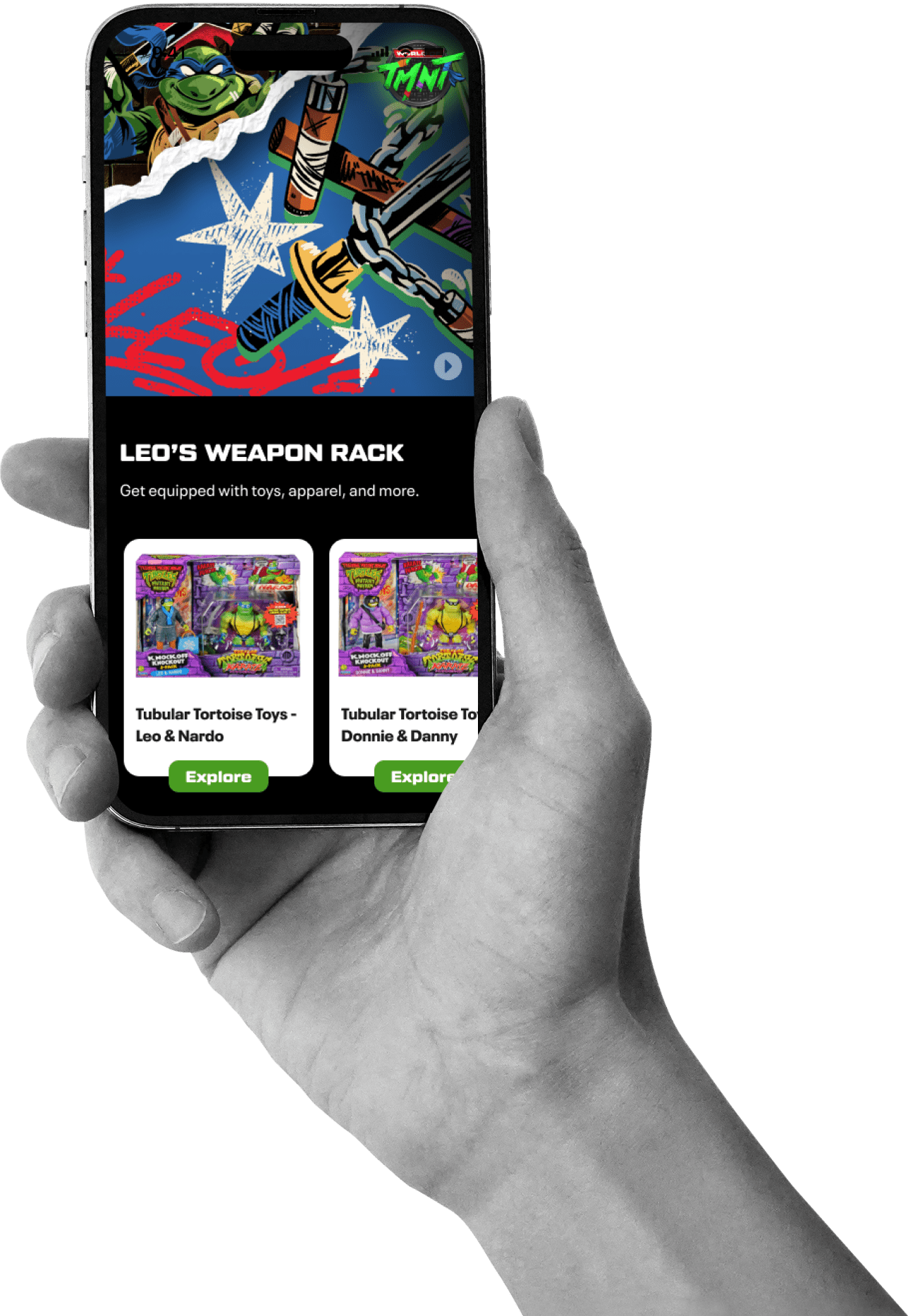 Hand holding mobile phone showing TMNT hub interface for Leo’s Weapon Rack section with collectible toy cards designed by Irazu Studio.