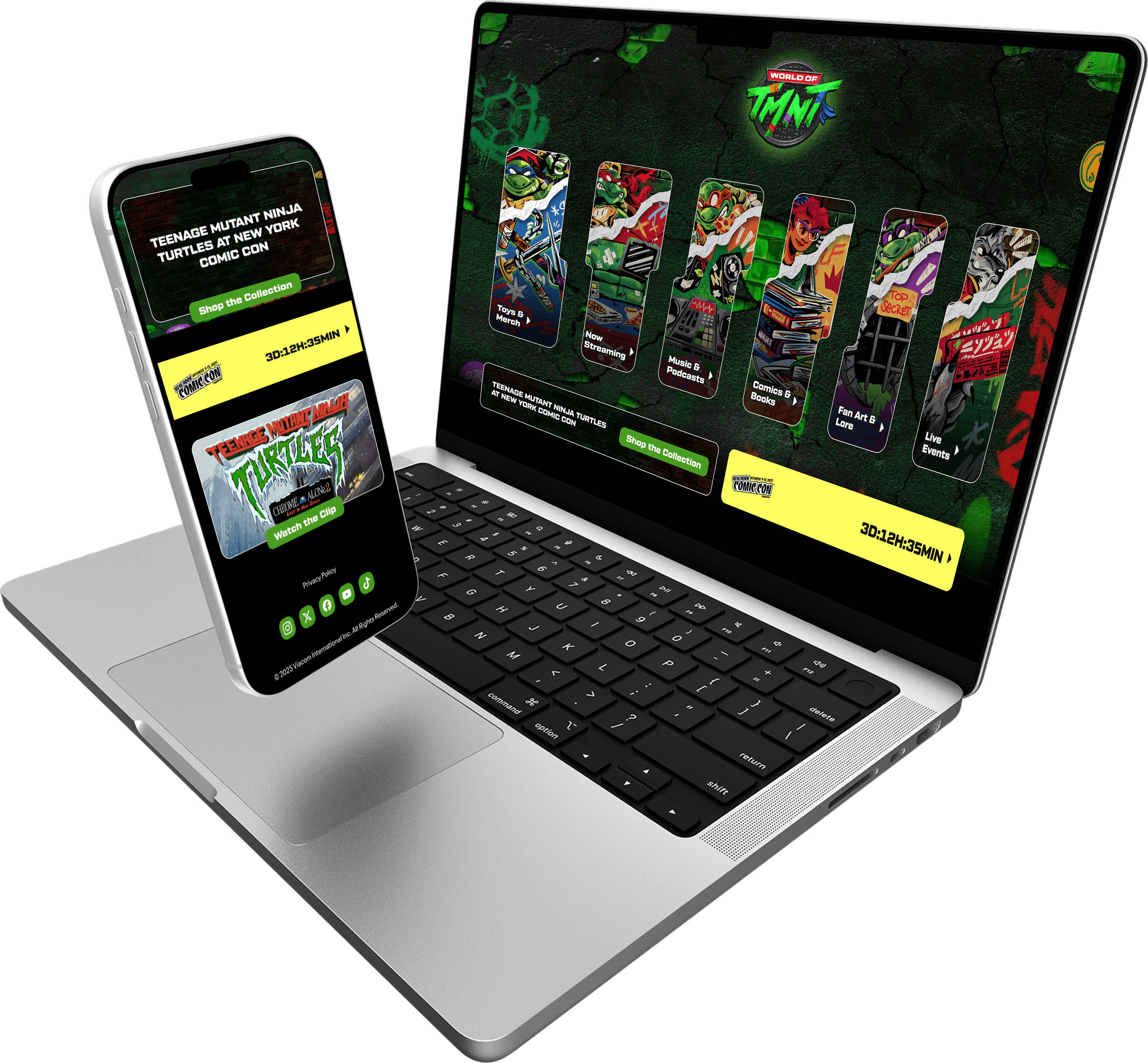 Laptop and mobile phone displaying the World of TMNT Comic-Con digital hub designed by Irazu Studio for Paramount and Nickelodeon.