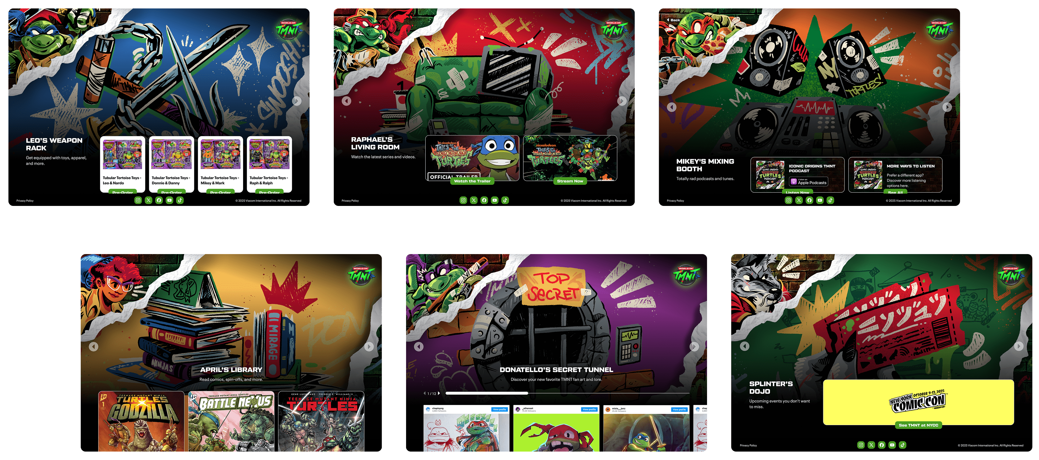 Screens from the TMNT Comic-Con digital hub showcasing themed sections such as Leo’s Weapon Rack, Raphael’s Living Room, Mikey’s Mixing Booth, and Donatello’s Secret Tunnel designed by Irazu Studio.