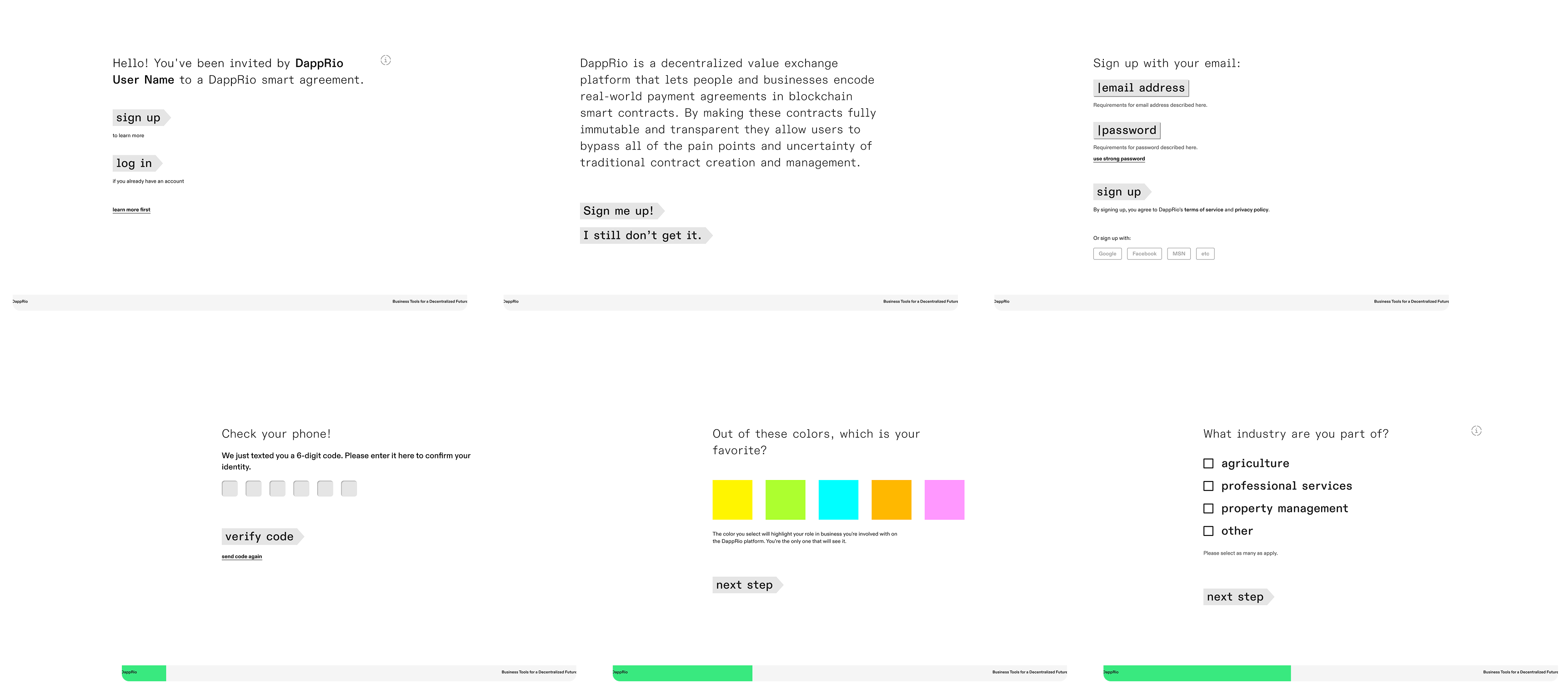 Series of DappRio onboarding screens redesigned by Irazu Studio illustrating the step-by-step user registration and identity verification process.
