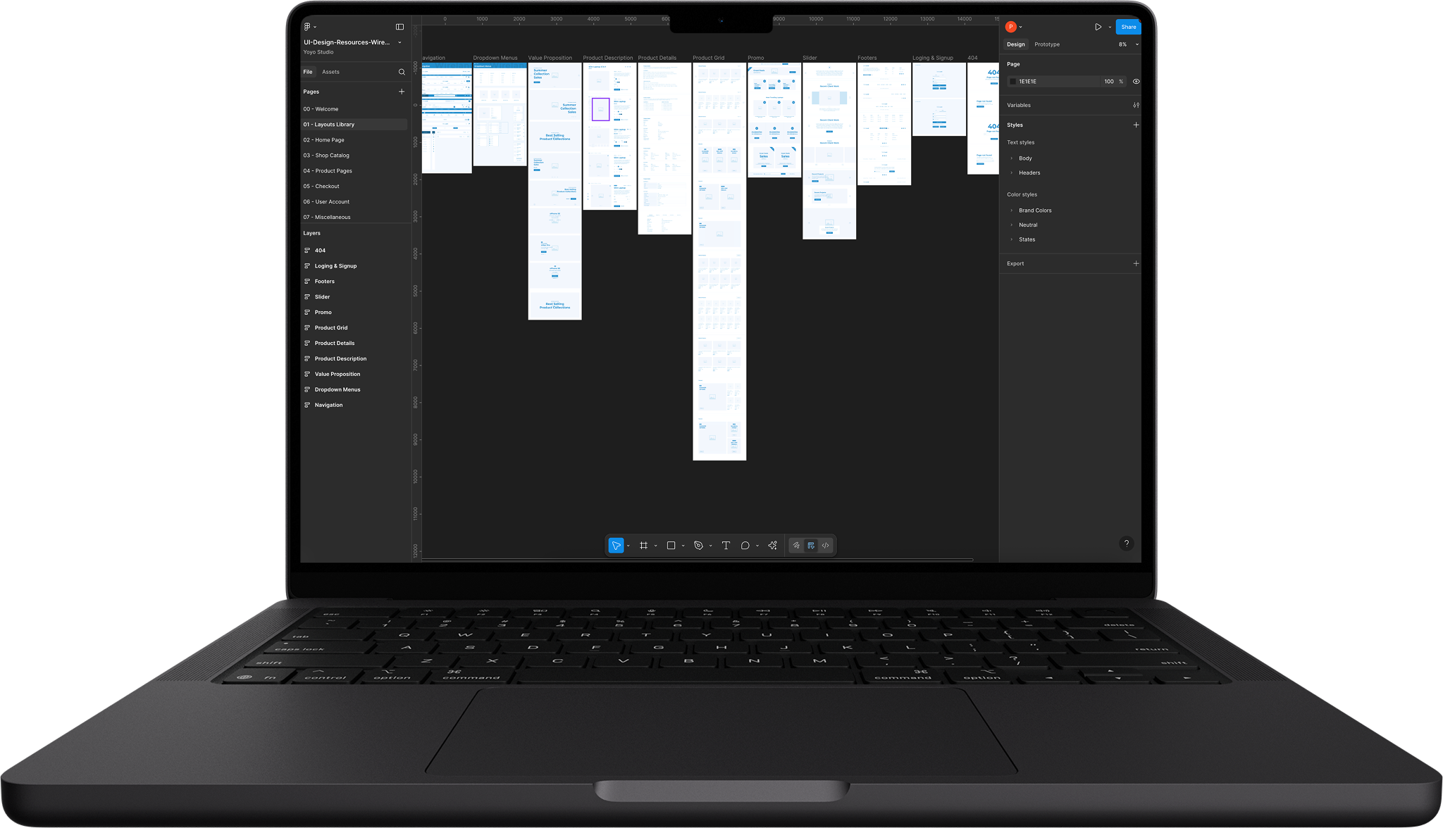 Laptop displaying the YOYO Labs e-commerce wireframe system inside Figma after migration from Sketch, showcasing organized pages and design structure by Irazu Studio.