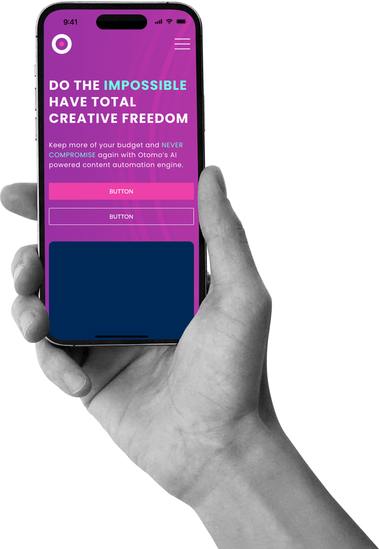 Hand holding mobile phone displaying Otomo homepage with bold tagline and vibrant gradient design created by Irazu Studio.
