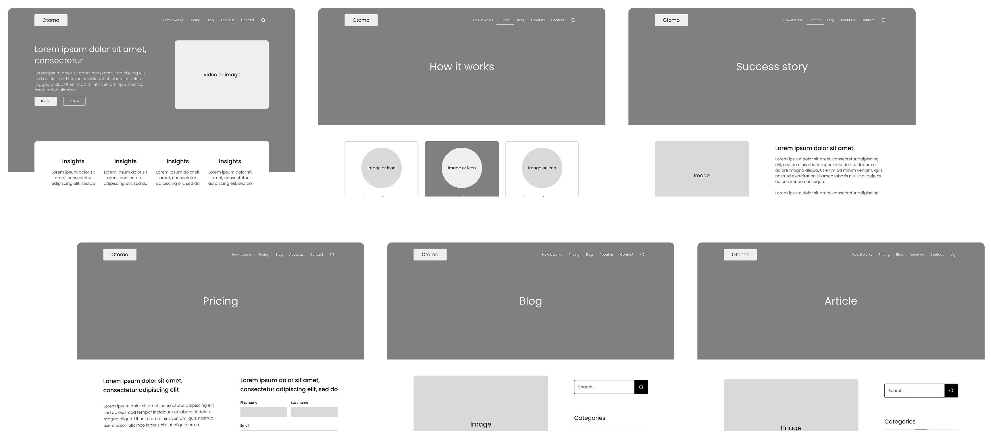 Series of low-fidelity wireframes created by Irazu Studio for Otomo website structure and layout exploration.
