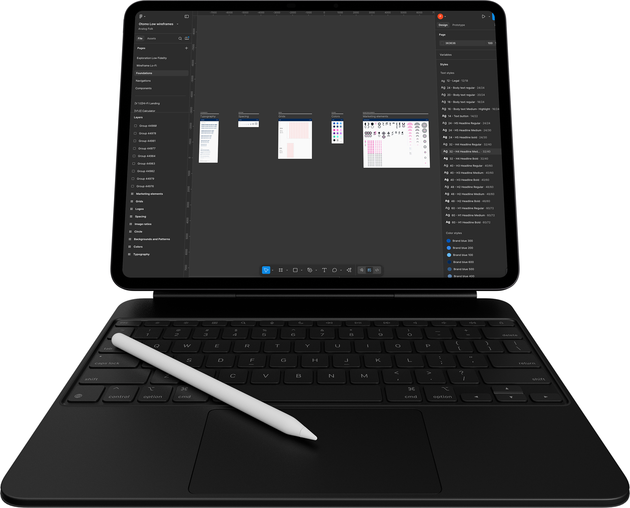 Tablet device showing Otomo design system inside Figma, including typography scales, color tokens, and component libraries built by Irazu Studio.
