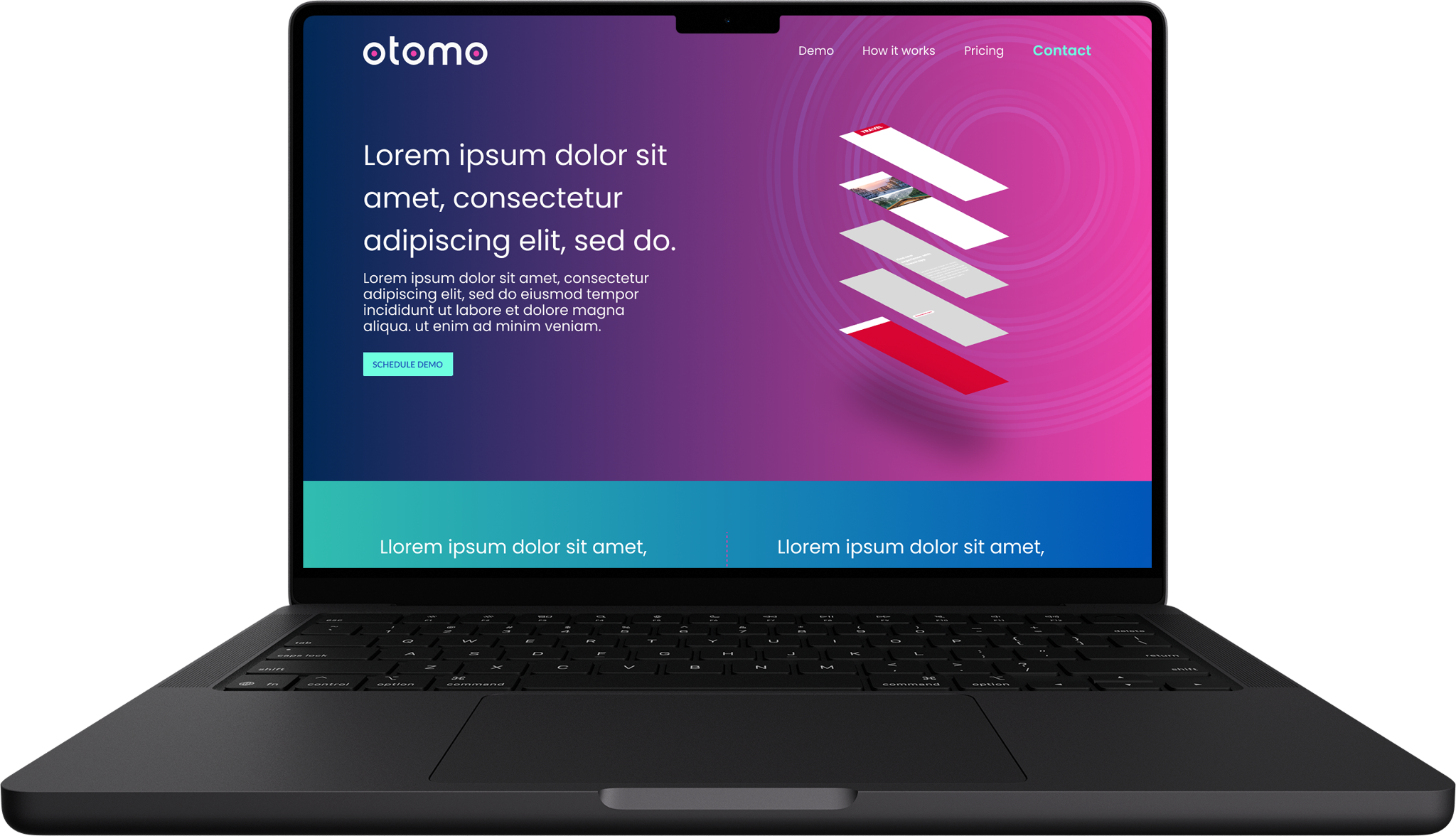 Laptop screen showing redesigned Otomo homepage with layered visual elements and gradient background designed by Irazu Studio.
