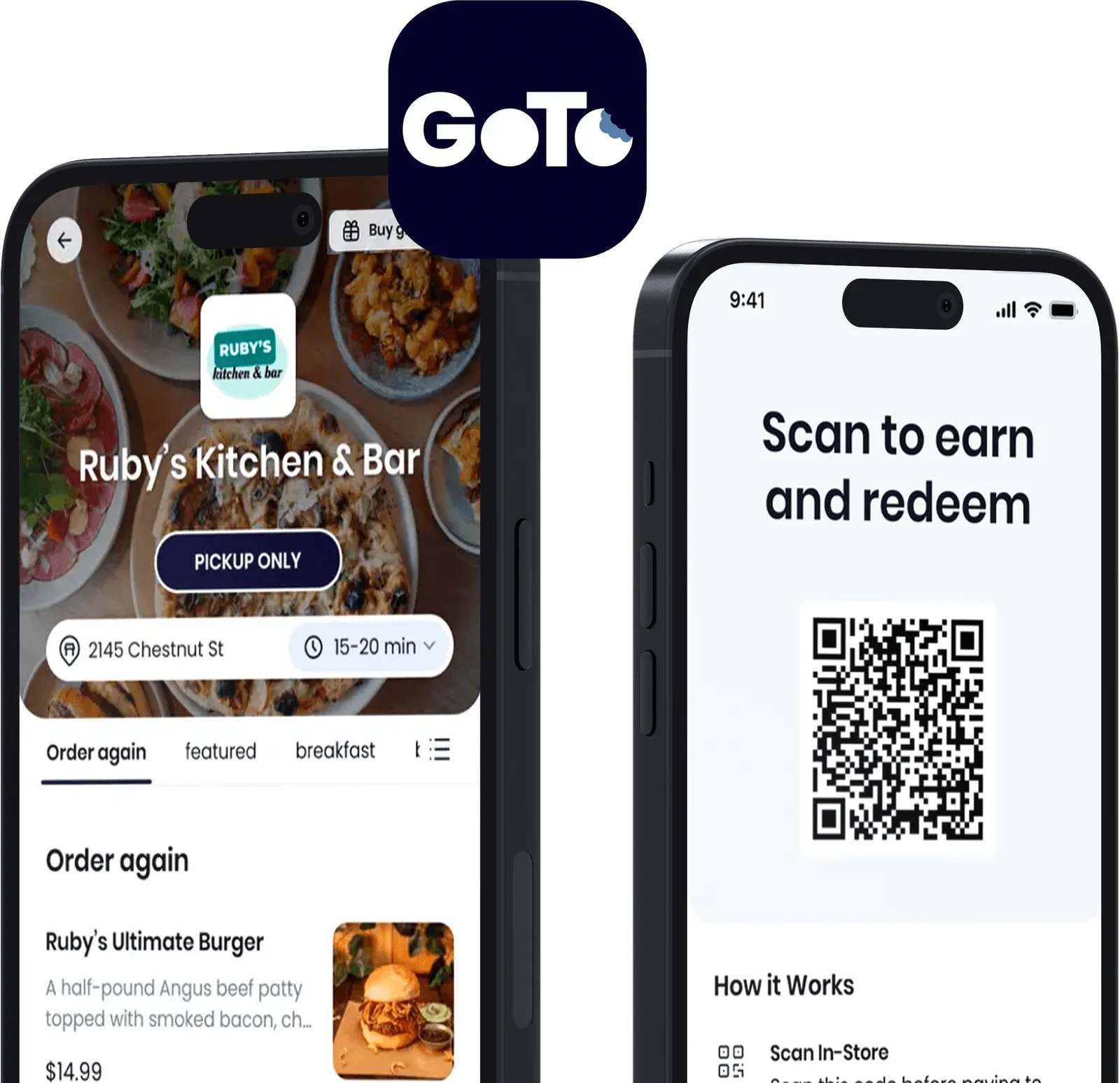 Split-screen image of two smartphones. Left screen shows a food app displaying "Ruby's Kitchen & Bar" with location and pickup option. Right screen shows a QR code with text "Scan to earn and redeem."