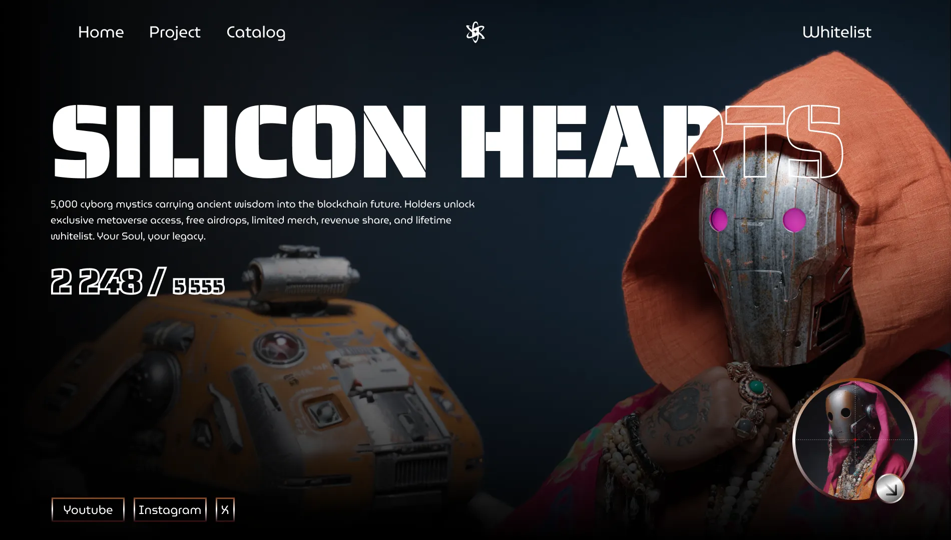 Website header for Silicon Hearts featuring a robotic figure with a metallic mask and glowing pink eyes wearing an orange hood, alongside a yellow robot in the background.