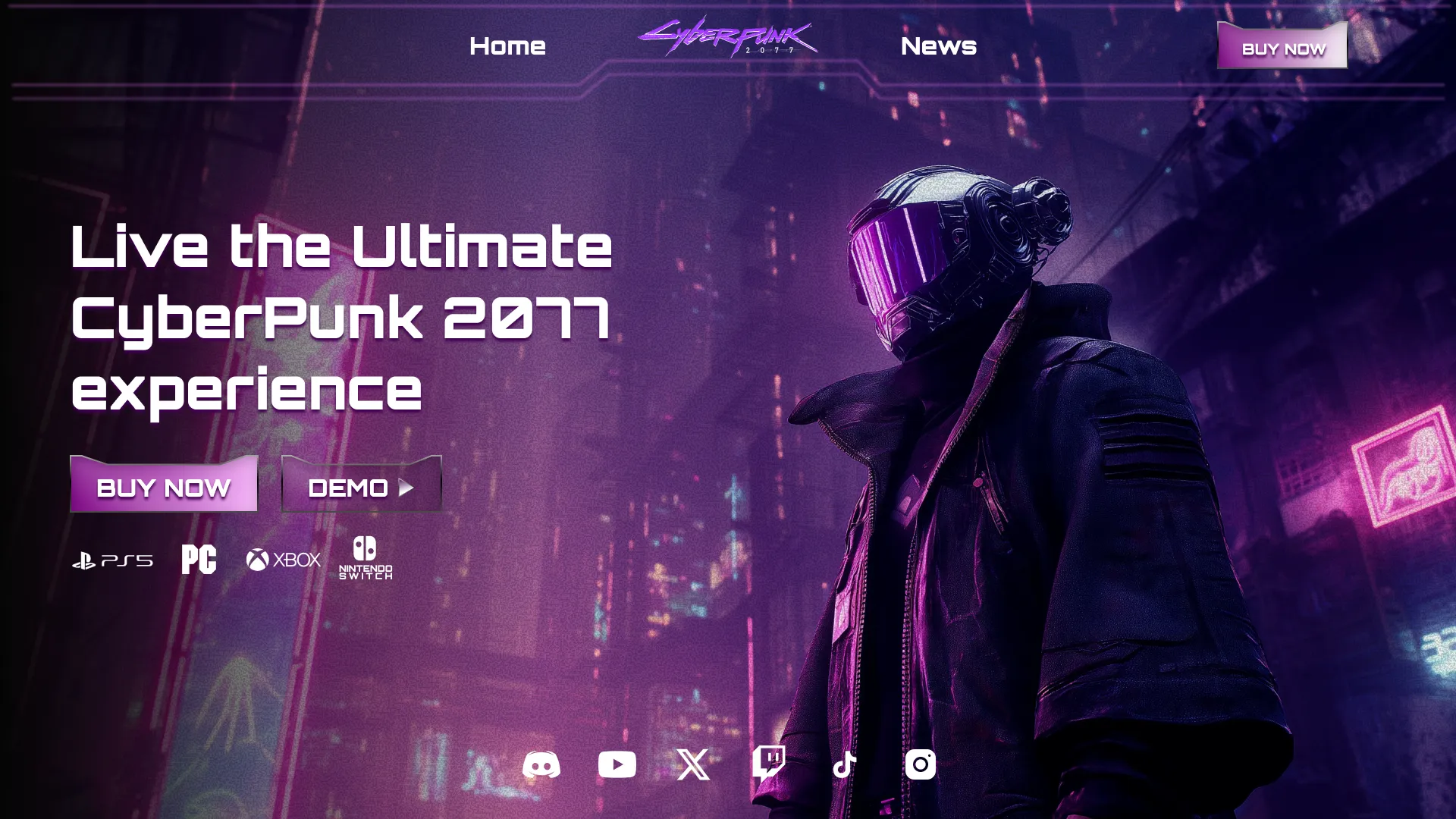 Futuristic figure wearing a high-tech helmet and jacket in a neon-lit cyberpunk cityscape with text promoting CyberPunk 2077 and platform logos.