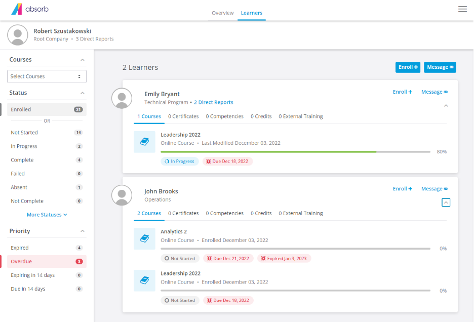 Absorb LMS dashboard showing course progress for two learners. Emily Bryant is 80% through a leadership course; John Brooks has not started two courses, one of which is expired.