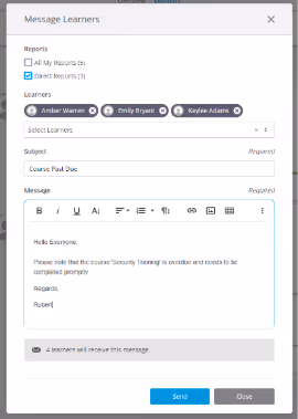 Absorb LMS interface showing a message being composed to three learners about an overdue course titled "Security Training.