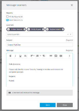 Absorb LMS interface showing a message being composed to three learners about an overdue course titled "Security Training.