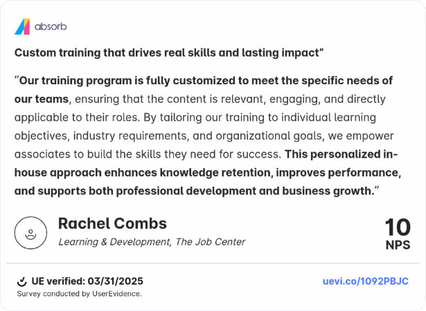 Testimonial from The Job Center on Absorb’s custom training program, highlighting relevance, performance impact, and a 10 NPS score.