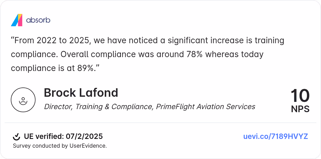 Testimonial showing 78% to 89% training compliance increase at PrimeFlight Aviation.