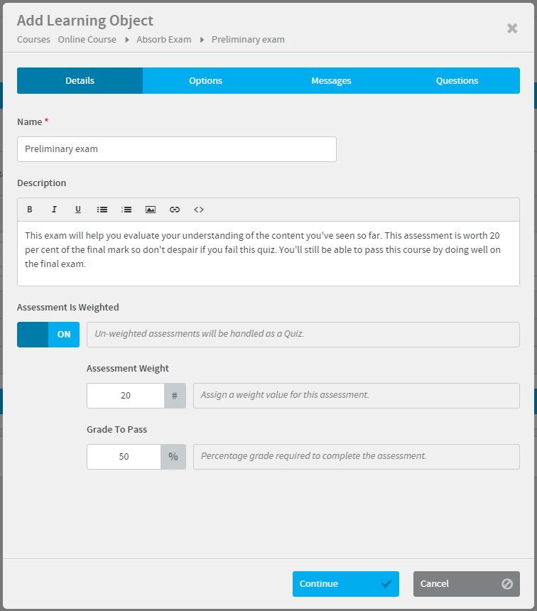 Weighted exam in Absorb LMS