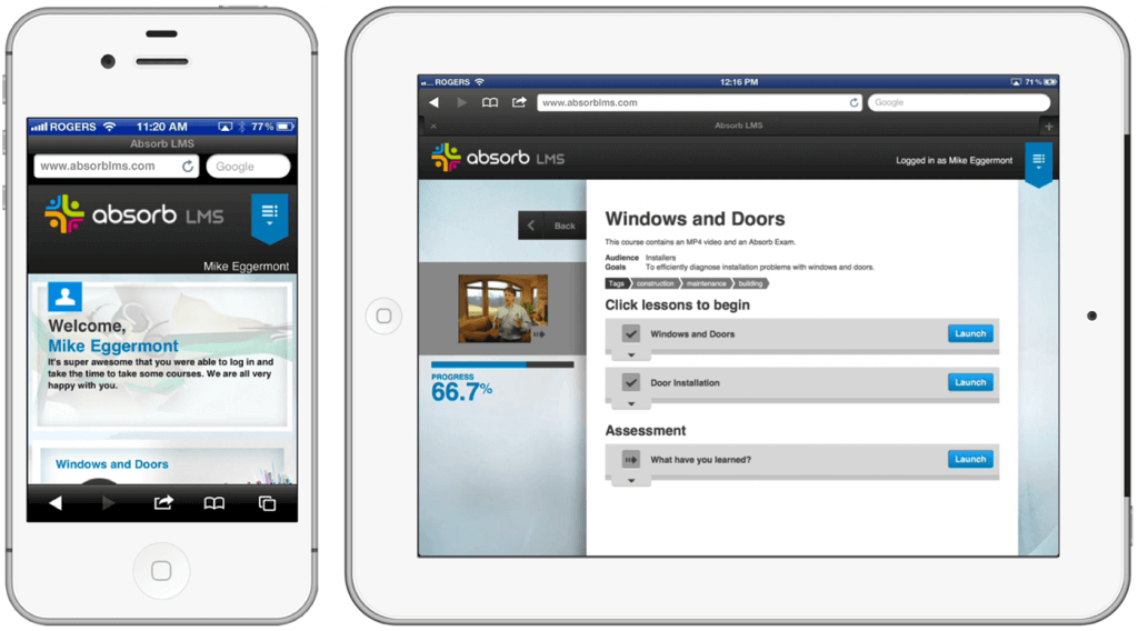 Absorb LMS displayed on an Apple iPhone and Apple iPad Absorb LMS displayed on an Apple iPhone and Apple iPad