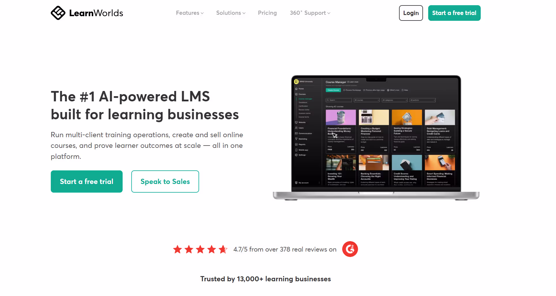 LearnWorlds homepage with headline 'The #1 AI-powered LMS built for learning businesses,' a laptop mockup of a course manager dashboard, and a 4.7/5 G2 rating from 378+ reviews.