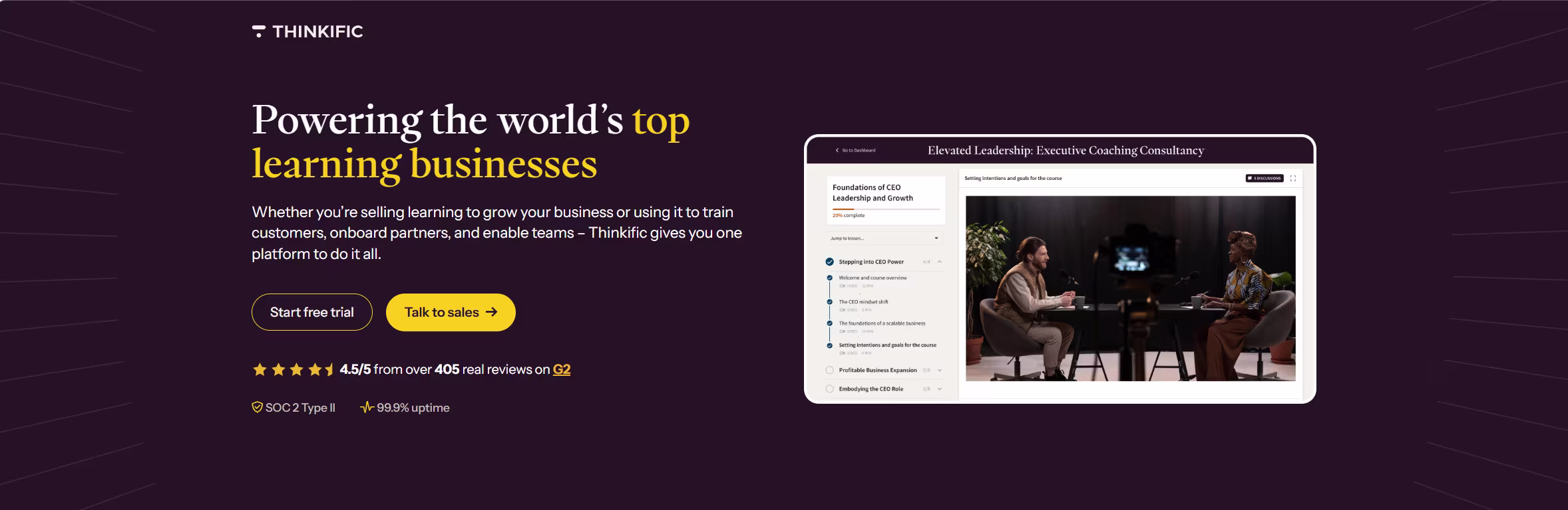 Thinkific homepage with headline 'Powering the world's top learning businesses' beside a customer photo and quote attributed to Jacques Wong, Founder of PNC Learning.