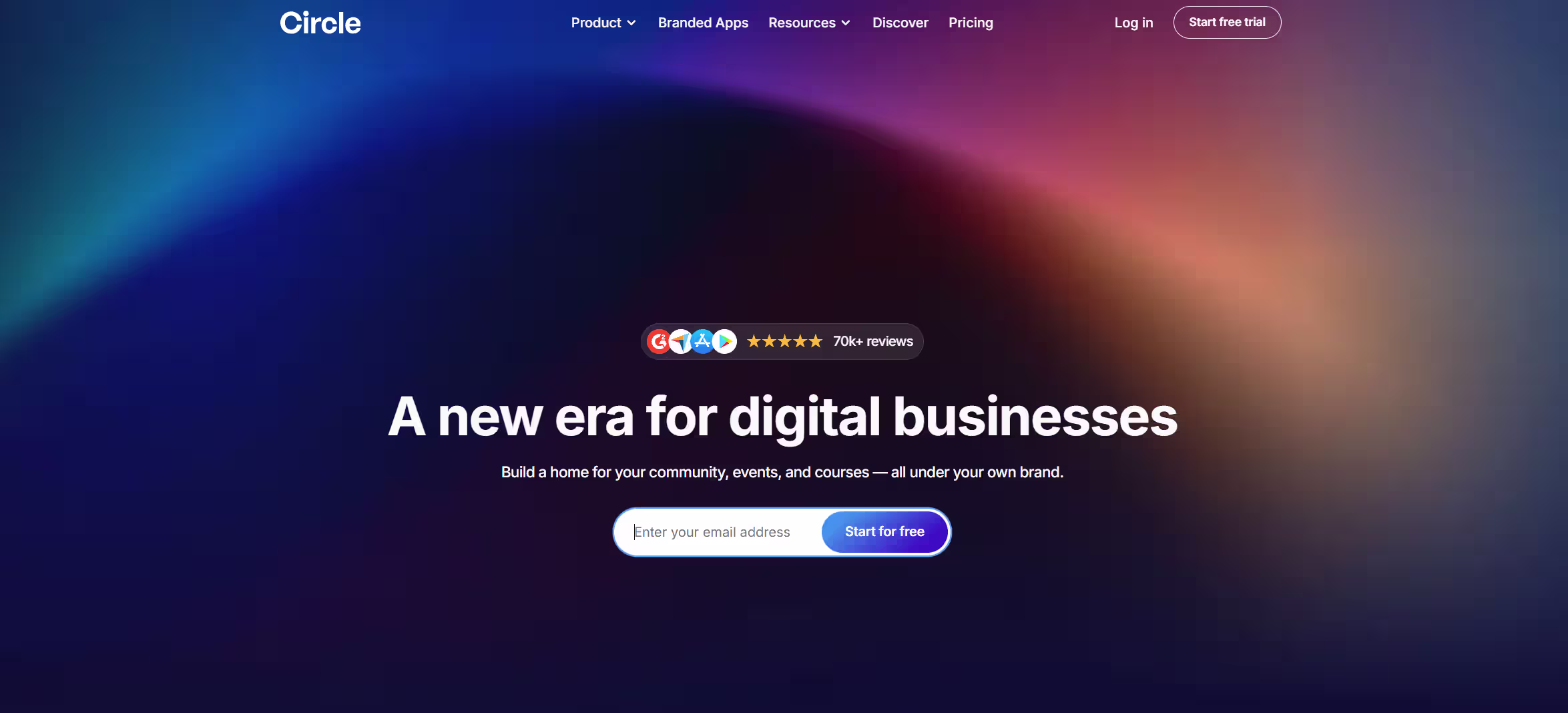 Circle homepage with a colorful gradient background, a review badge citing 70k+ reviews, and headline 'A new era for digital businesses' with an email signup field.