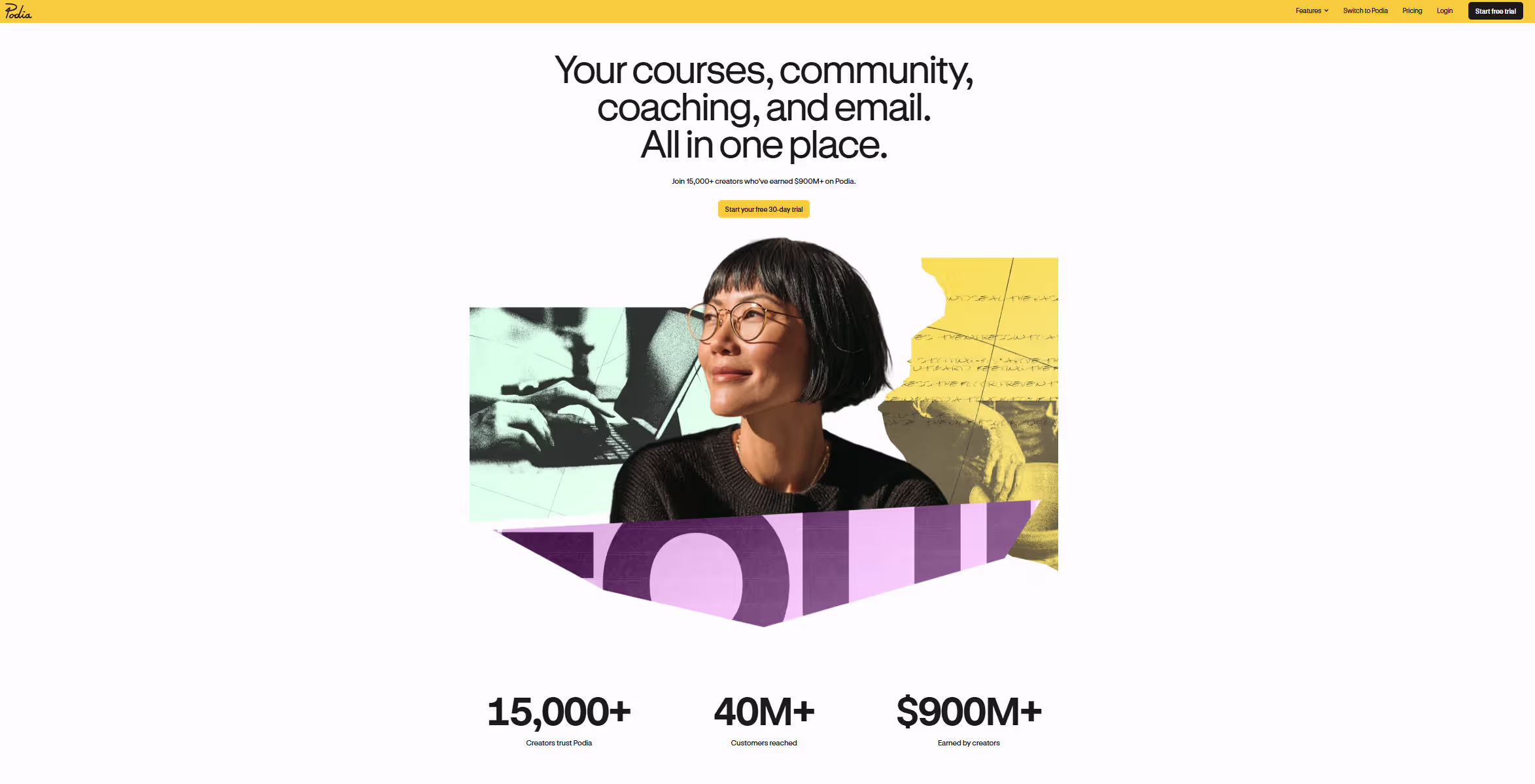 Podia homepage with headline 'Your courses, community, coaching, and email. All in one place,' a collage-style portrait graphic, and stats showing 15,000+ creators, 40M+ customers reached, and $900M+ earned by creators.