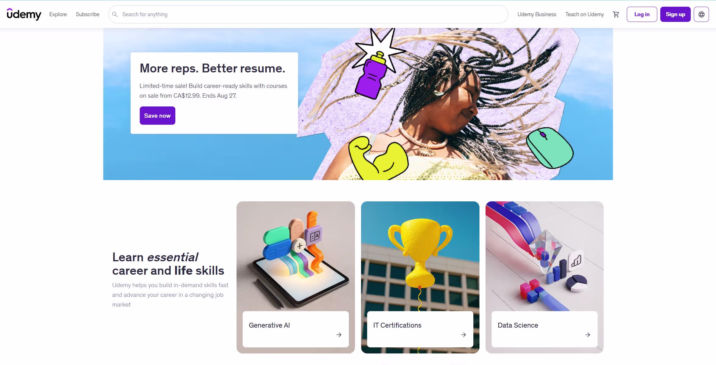Udemy homepage with a promotional banner for a course sale ending August 27, and category tiles for Generative AI, IT Certifications, and Data Science under the heading 'Learn essential career and life skills.